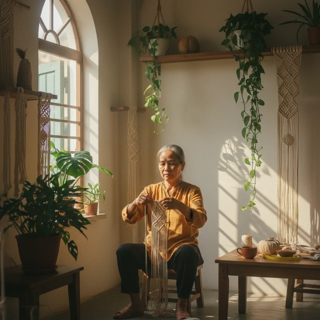 A Vietnamese artisan hand-weaving natural fibers